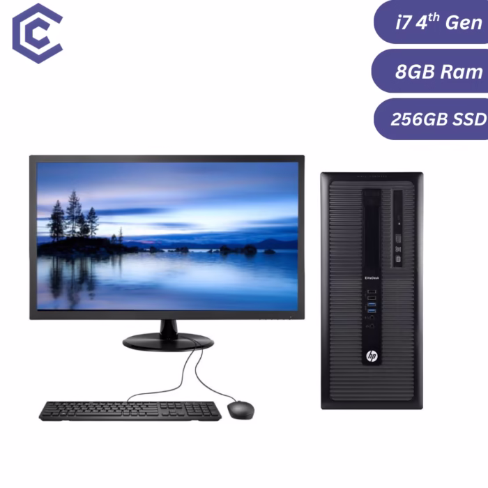 Certified Pre-Owned HP EliteDesk 800 G1 Tower – Intel Core i7 4th Gen 8GB RAM 256GB SSD 22" Monitor Fullset